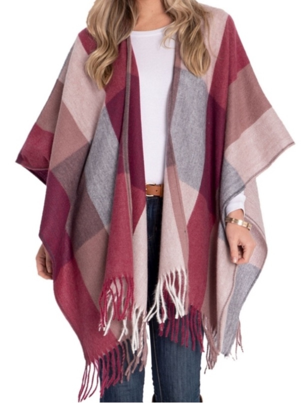 Woolrich Plaid Fringe Shawl Wrap in Burgundy, Gray & Taupe